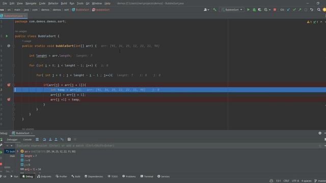 BubbleSort implementation with Java + debugging смотреть онлайн