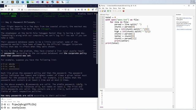 Python Solution for 2020 Advent of Code - Day 2 - Password Philosophy смотреть онлайн
