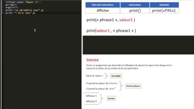 Exercice simple pour programmer en Python : Afficher le périmètre et l'aire d'un disque. смотреть онлайн
