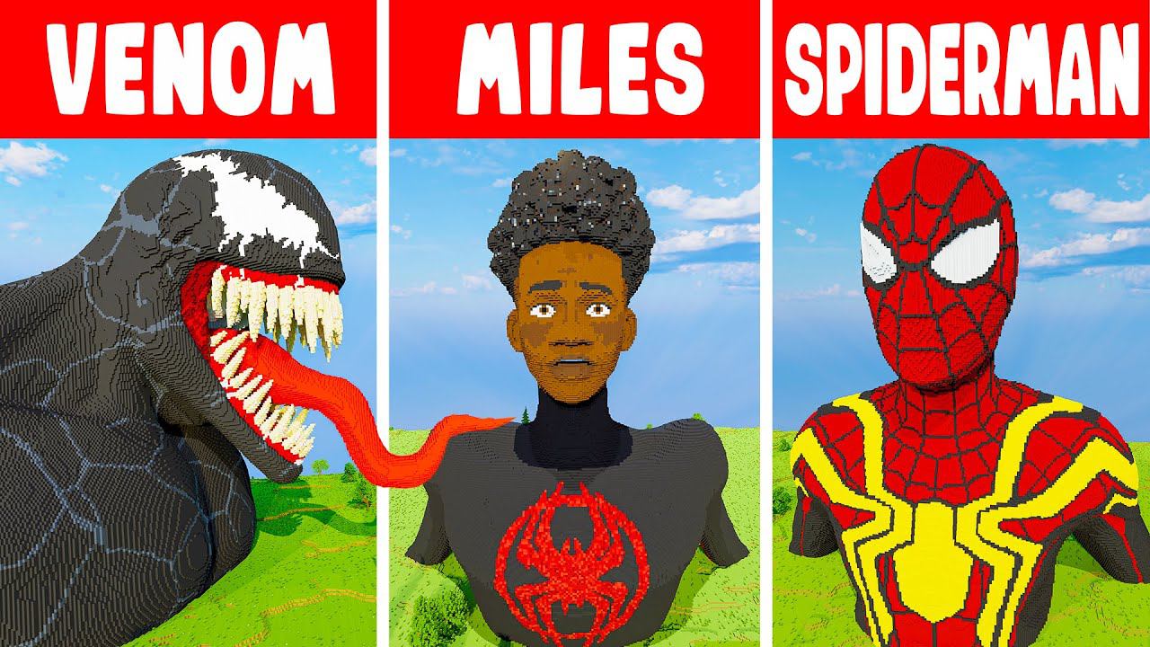 Minecraft MILES MORALES Vs VENOM Vs SPIDER-MAN STATUE BUILD CHALLENGE In Minecraft