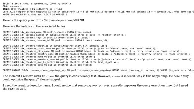 PostgreSQL: Performance: ORDER BY an indexed column is slowing down the query performance смотреть онлайн