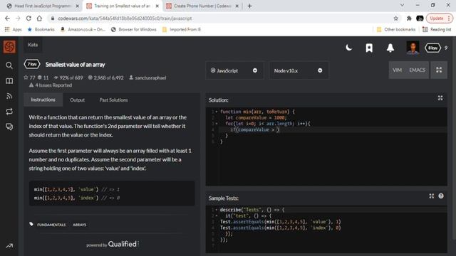 Kata 2 on Codewars.com : Smallest value of an array (Javascript) смотреть онлайн