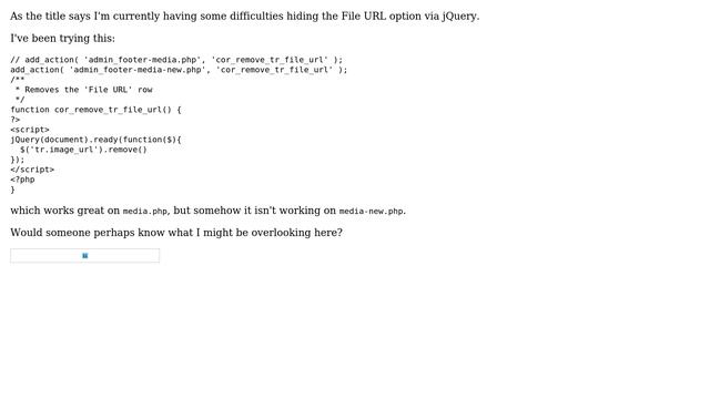 Wordpress: Hiding the media-new.php File URL option via jQuery смотреть онлайн