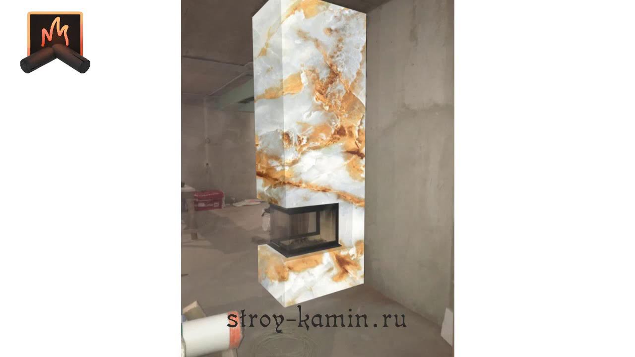 Дровяная топка Romotop с тремя стеклами и отделкой натуральным ониксом от Стройкамин в КП Жостово