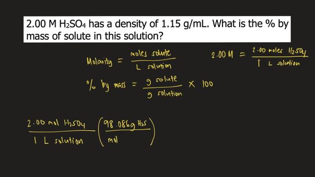 2.00 M H2SO4 has a density of 1.15 g/mL. What is the % by mass of solute in this solution? смотреть онлайн
