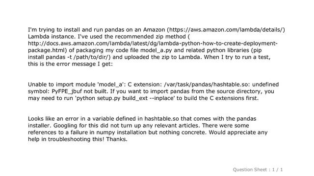 Pandas : Unable to install pandas on AWS Lambda смотреть онлайн