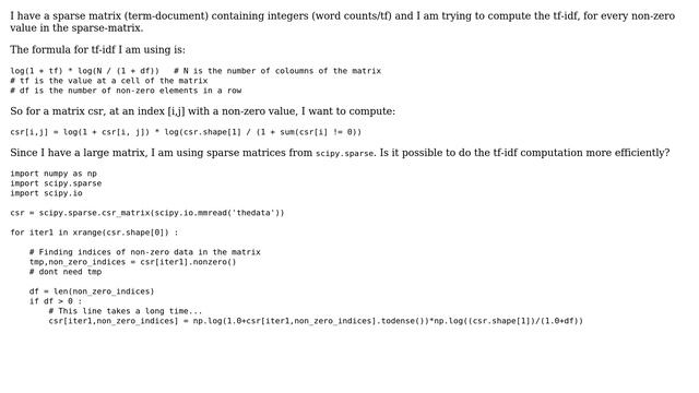 SciPy sparse: optimize computation on non-zero elements of a sparse matrix (for tf-idf) смотреть онлайн