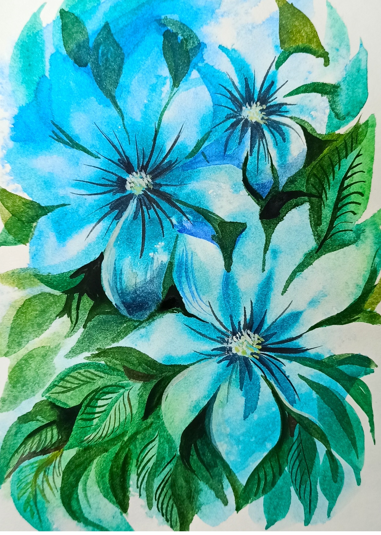 Бирюзовые цветы, как легко нарисовать акварельными красками. смотреть онлайн