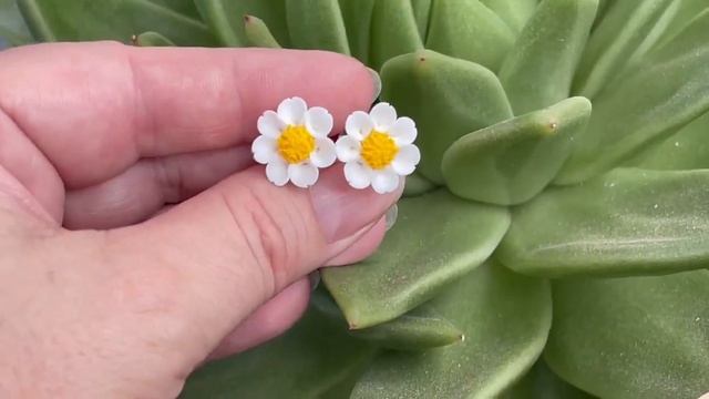Сережки гвоздики с белыми ромашками. Мини серьги цветочные. Серьги пусеты в виде цветка ромашки
