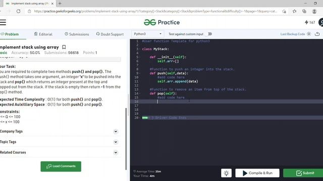 GeeksforGeeks :Implement stack using array(Python Solution) смотреть онлайн