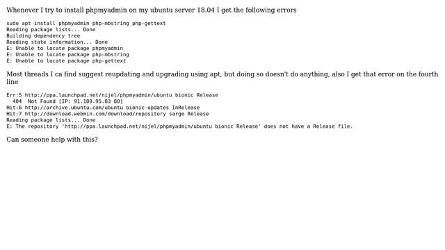 Ubuntu: Unable to locate package phpmyadmin on Ubuntu Server 18.04 (2 Solutions!!) смотреть онлайн