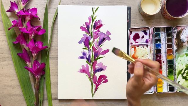 How to paint gladiolus flowers using only a flat wash brush + Being present смотреть онлайн