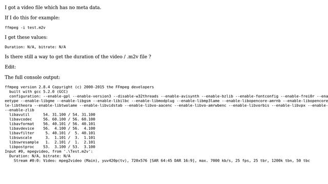 FFmpeg get duration of video file without meta data смотреть онлайн