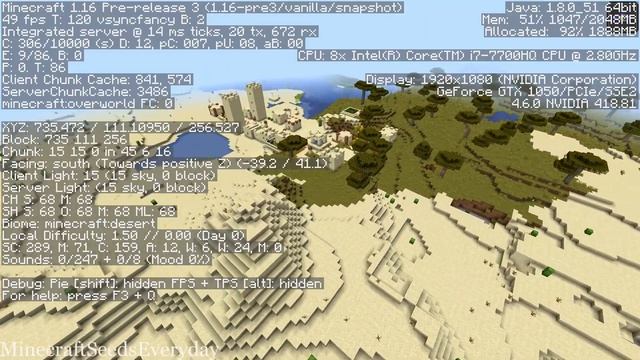 Minecraft Java 1.16 Seed: Tiny mushroom field with village and mineshaft at spawn смотреть онлайн