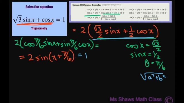 Solve equation sqrt(3) sin x + cos x =1. Give general solution. смотреть онлайн