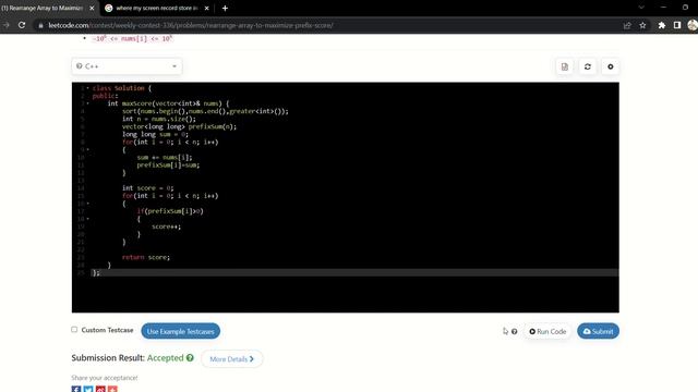 Rearrange Array to Maximize Prefix Score || LeetCode Weekly Contest 336 || Solution || Accepted смотреть онлайн