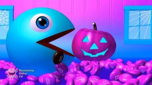 Learn Colors with Pacman on Halloween as he meets a Bat and Ghost and slides down a magic slide