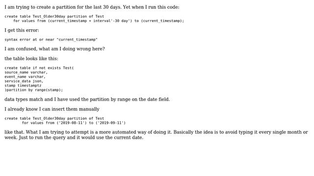 Databases: syntax error at or near "current_timestamp" while creating partition table смотреть онлайн