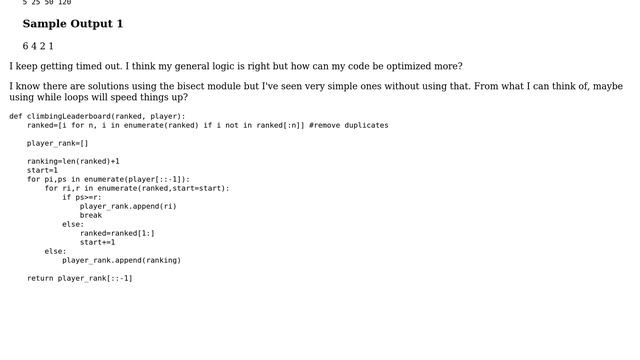 HackerRank - Climbing the Leaderboard: I don't understand why my code is exceeding the time limit смотреть онлайн