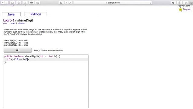Logic 1 shareDigit Java Tutorial || codingbat com смотреть онлайн