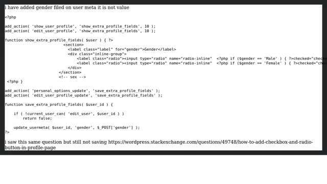 Wordpress: How to add radio field on user meta on function.php? смотреть онлайн