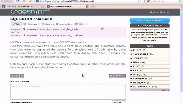 MySQL Tutorial : Union Command