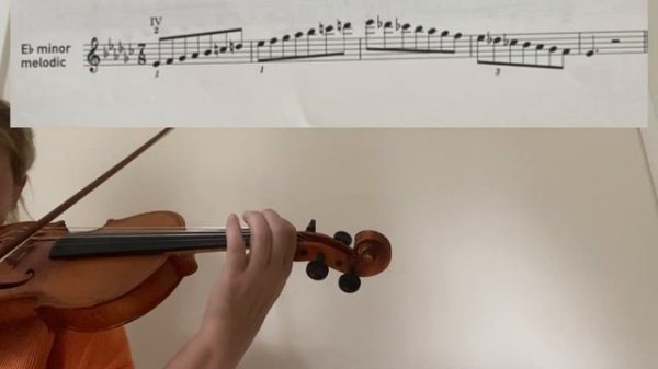 E-flat major and minor 2octaves violin tutorial/sheet music/close up/harmonic and melodic minor