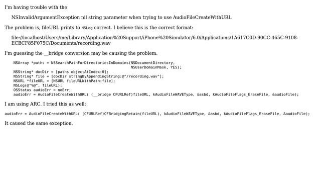 [NSURL initFileURLWithPath:]: nil string parameter with ARC смотреть онлайн