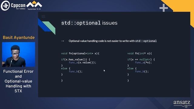 Functional Error and Optional-value Handling with STX - Basit Ayantunde - CppCon 2020 смотреть онлайн