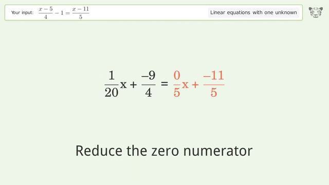 Linear equation with one unknown: Solve (x-5)/4-1=(x-11)/5 step-by-step solution смотреть онлайн