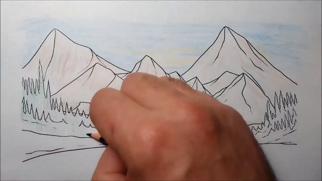 РАСКРАСКА Горный пейзаж цветными карандашами. смотреть онлайн