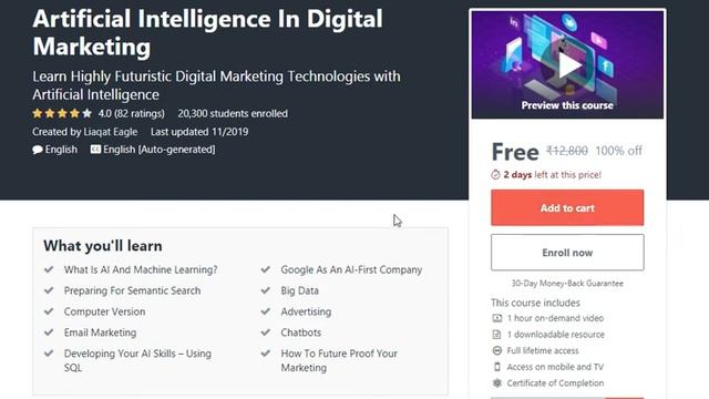 FREE Artificial Intelligence In Digital Marketing By Udemy | Digital Marketing | AI | 2020