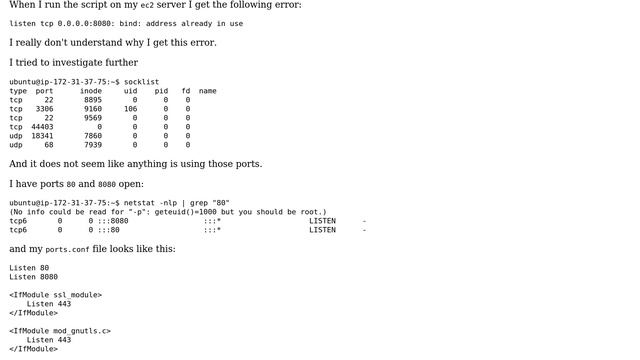 "bind: address already in use" when trying to create my own api and using apache2 смотреть онлайн