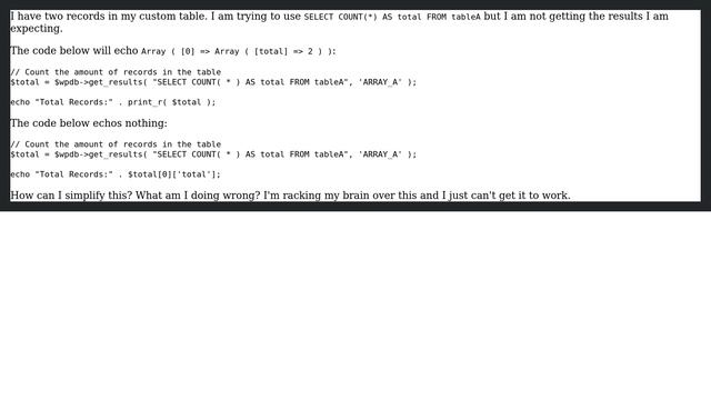 Wordpress: wpdb Cannot Access Associative Array Data in a Count Query смотреть онлайн