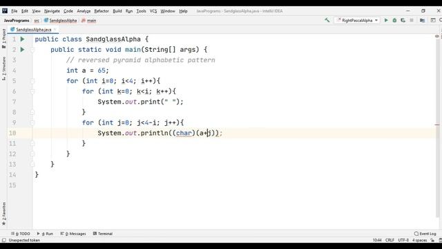 Pattern 22 - Java program to print Sandglass Alphabetic Pattern || Java Pattern Programs смотреть онлайн