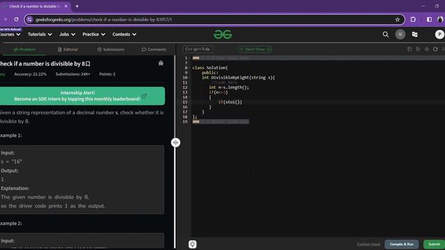 Check If A Number Is Divisible By 8   | GFG POTD | Today's POTD | Live Coding | Explanation