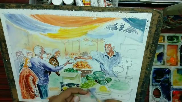 How to draw a market with watercolour / subject drawing/composition drawing of market смотреть онлайн