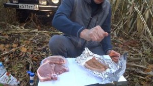 Мясо в фольге на углях в лесу. Часть 1. (подготовка). НИВА в лесу