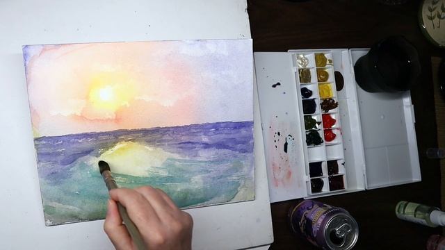 Как нарисовать волну и яркое солнце акварелью. смотреть онлайн