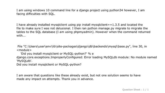 Django : Error loading MySQLdb Module 'Did you install mysqlclient or MySQL-python?' смотреть онлайн