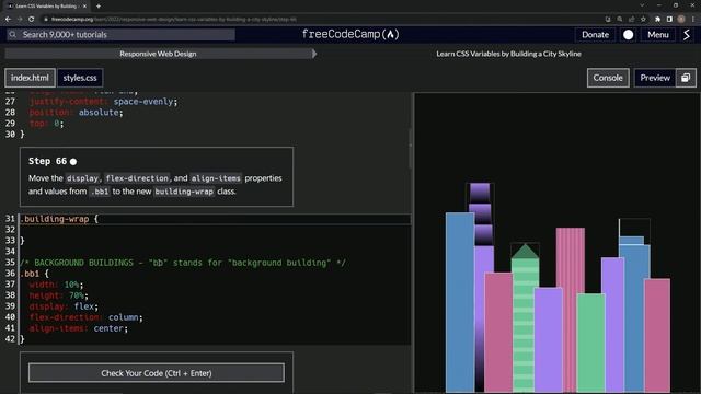 Learn CSS | FreeCodeCamp Learn CSS Variables by Building a City Skyline - Step 66 смотреть онлайн