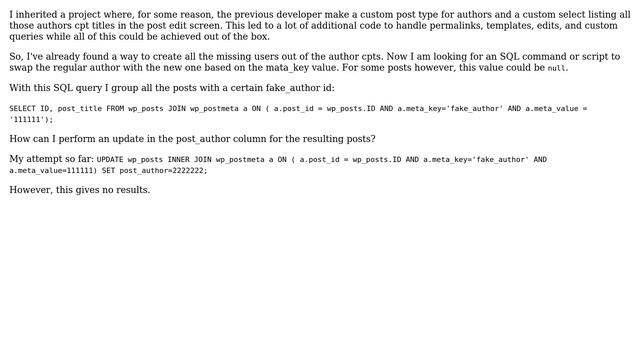 Wordpress: UPDATE on SELECT results. A SQL query to swap Author with Meta Box value смотреть онлайн