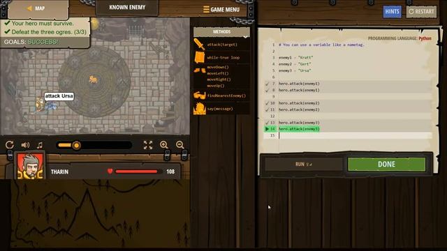CODE COMBAT PYTHON Known Enemy LEVEL COMPLETED Arguments Basic Syntax Strings Variables смотреть онлайн