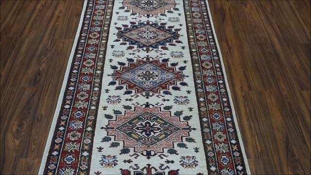 Ivory Super Kazak Geometric Design XL Runner Pure Wool Hand-Knotted Oriental Rug254110 смотреть онлайн