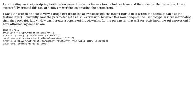 GIS: Creating ArcPy scripting tool with dropdown box for sql expression choice смотреть онлайн