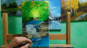 Водопад в лесу маслом часть 1|как рисовать водопад|для начинающих|Waterfall in the forest with oil
