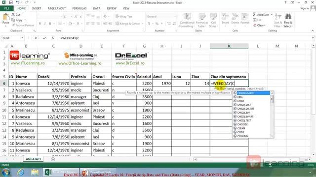 Demo exercitiu - Excel - Functii de tip Date and Time - Year, Month, Day, Weekday смотреть онлайн