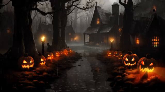 Атмосфера хэллоуина в деревне с привидениями и расслабляющим сильным дождем смотреть онлайн