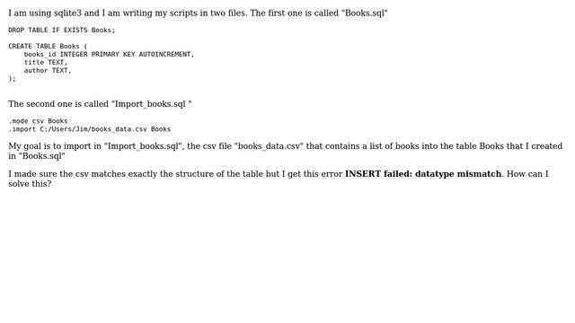 Databases: Import csv file into sqlite3 table - ERROR "Insert failed: datatype mismatch" смотреть онлайн