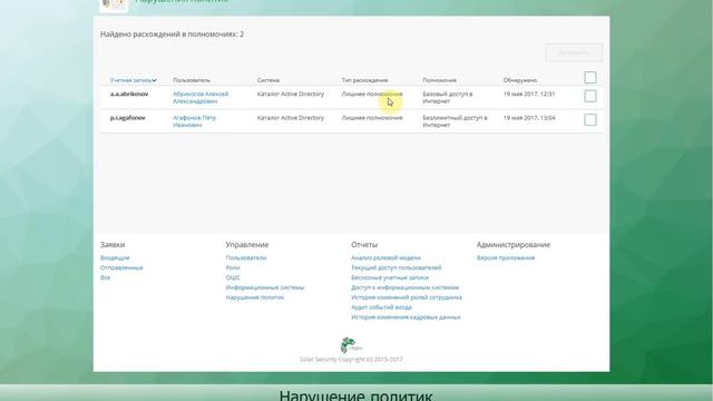 11.0 Solar inRights: Нарушение политик